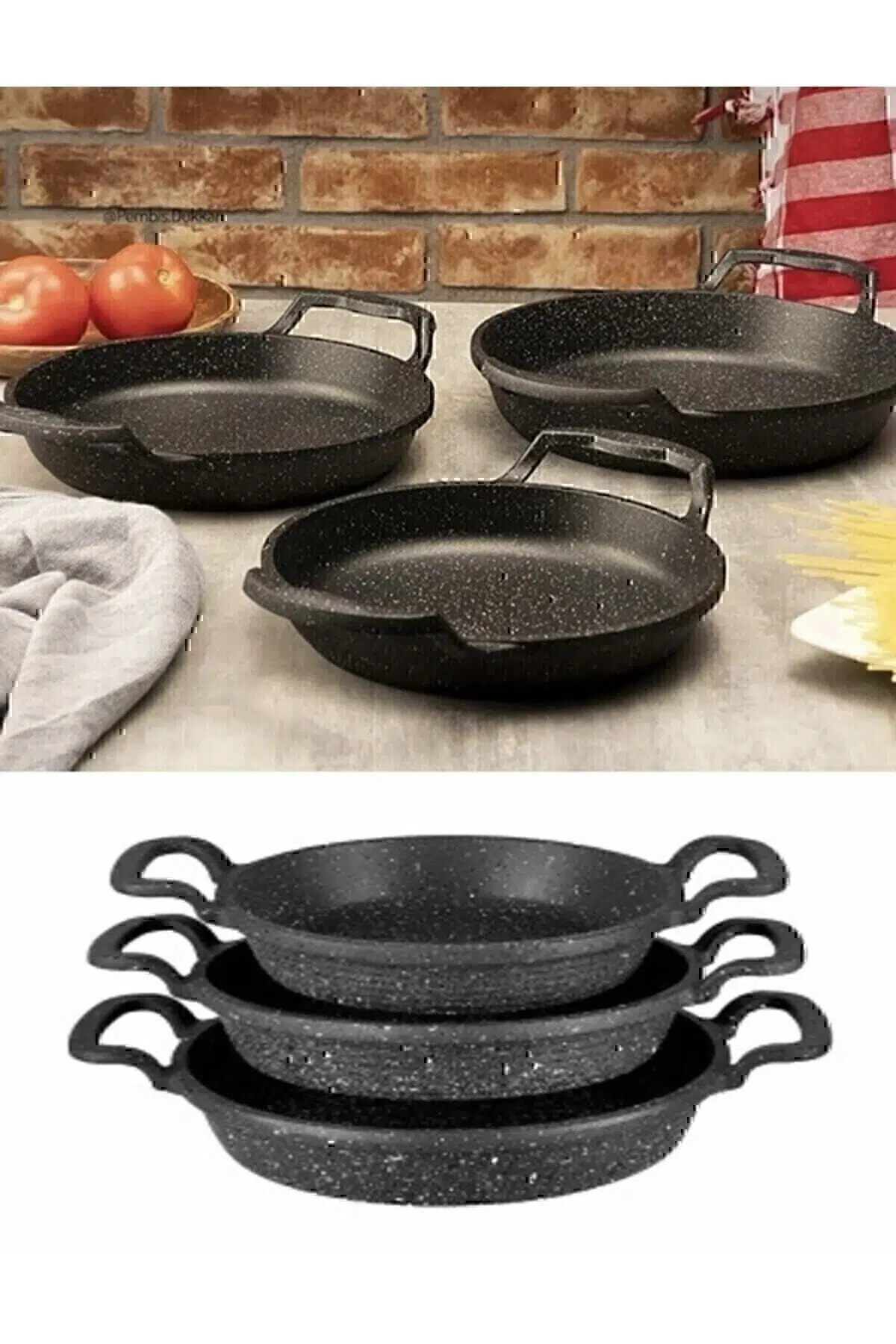 3’lü Set Döküm Siyah Granit Sahan Tava 22cm-20cm-18cm.
