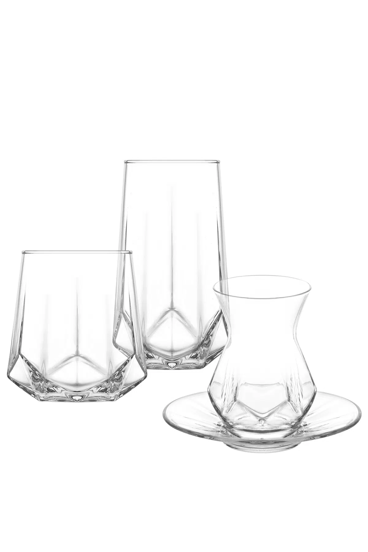 Alya Cam Çeyiz Seti 24'lü (6 Çay Bardağı, 6 Çay Tabağı, 6 Meşrubat, 6 Viski Bardağı)