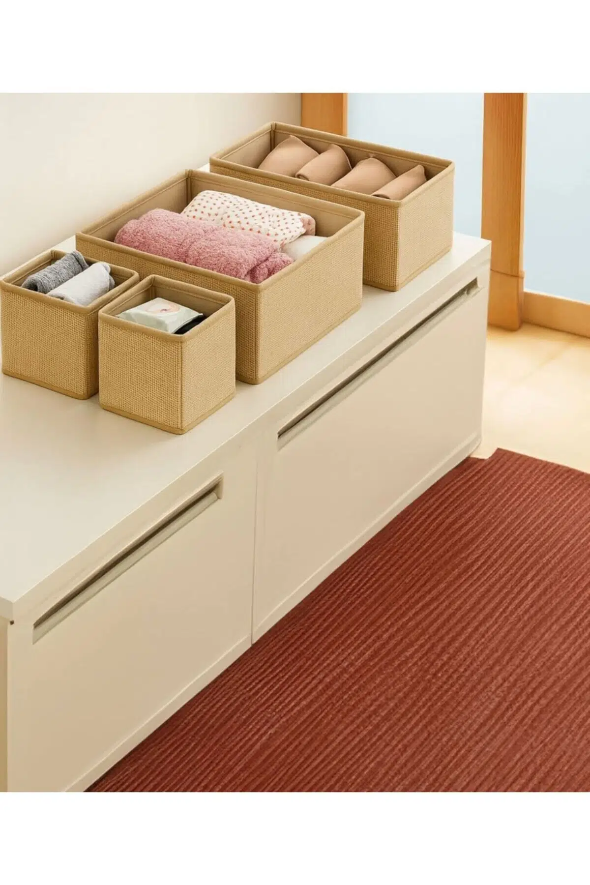 Jüt Kumaş 4 Bölmeli Çekmece Içi Düzenleyici – Doğal Renk Organizer Kutu