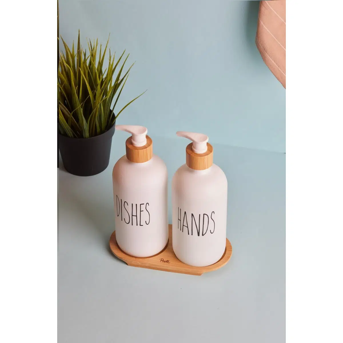 Lotion 2'li Beyaz Mutfak Sıvı Sabunluk Seti 500 ml + 500 ml Bambu Tepsili