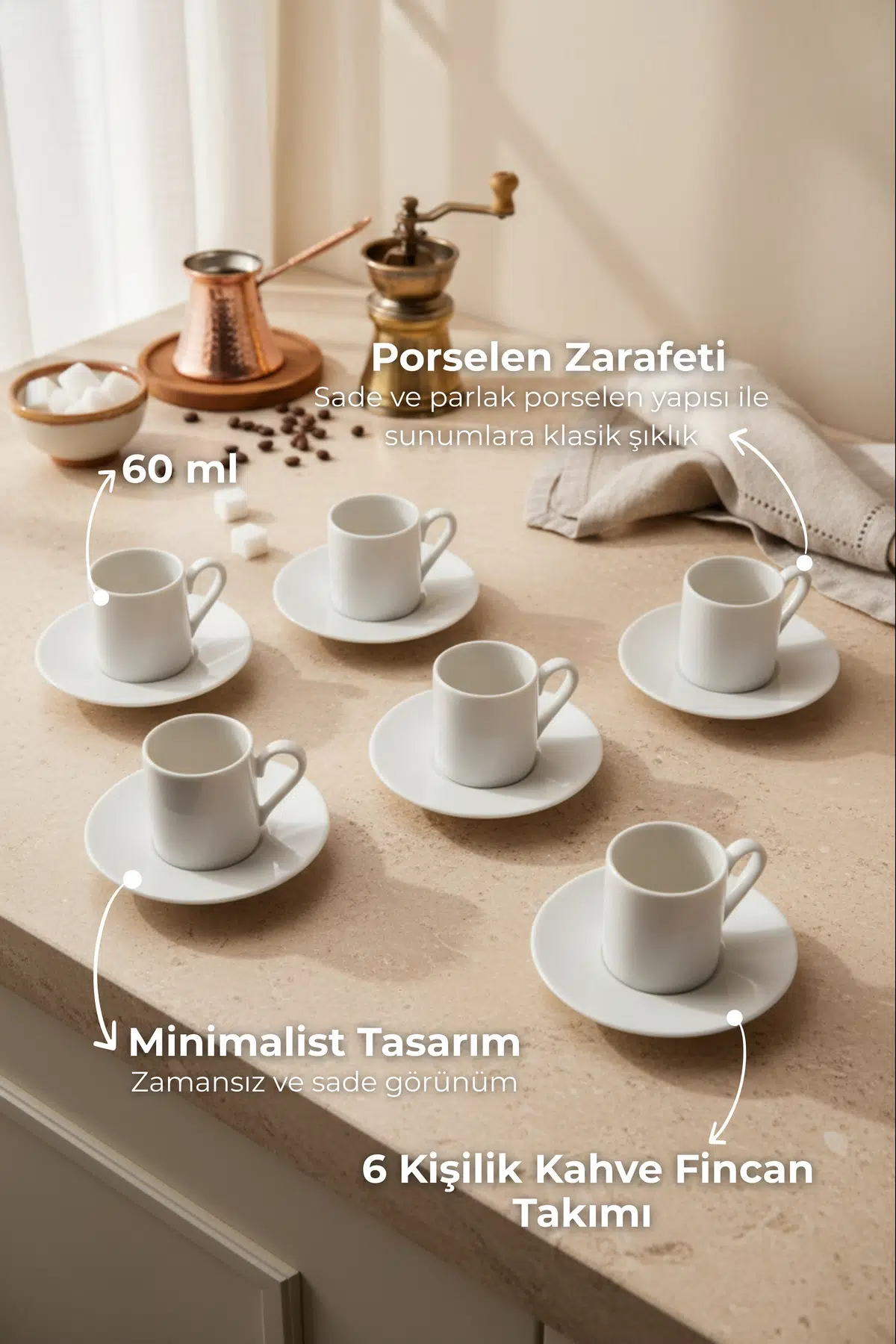 Naz 6 Kişilik Kahve Fincan Takımı Beyaz