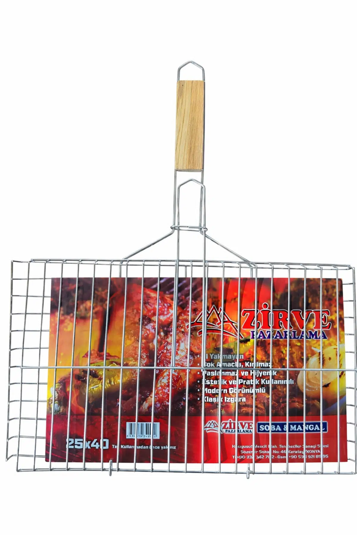 Paslanmaz Pirzola ve Köfte Izgara Teli - Ahşap Saplı Mangal Teli 25x40 cm