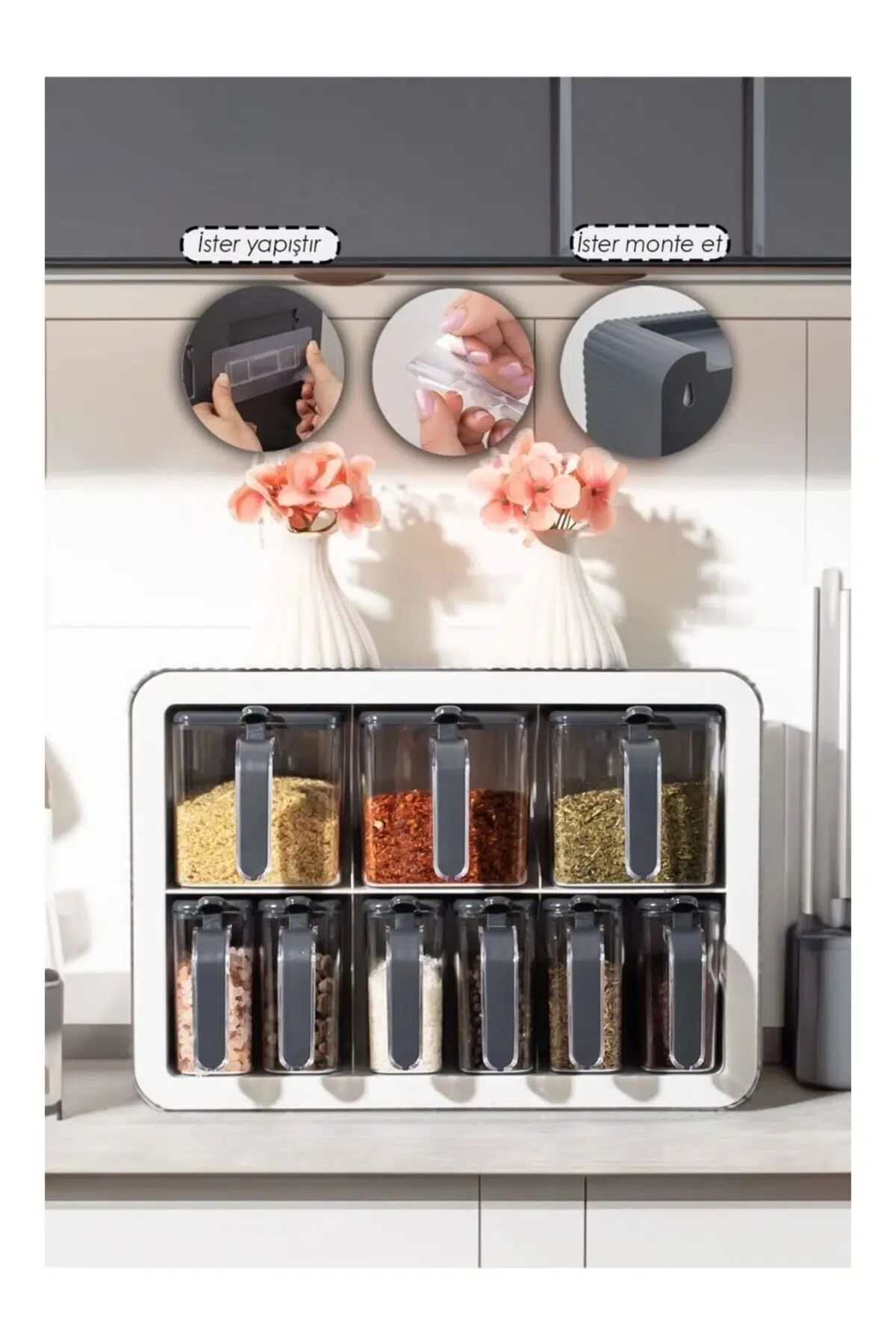 Tapix Standlı 9lu Baharatlık Takımı Kendinden Yapışkanlı Kaşıklı ve Kapaklı Baharatlık Seti