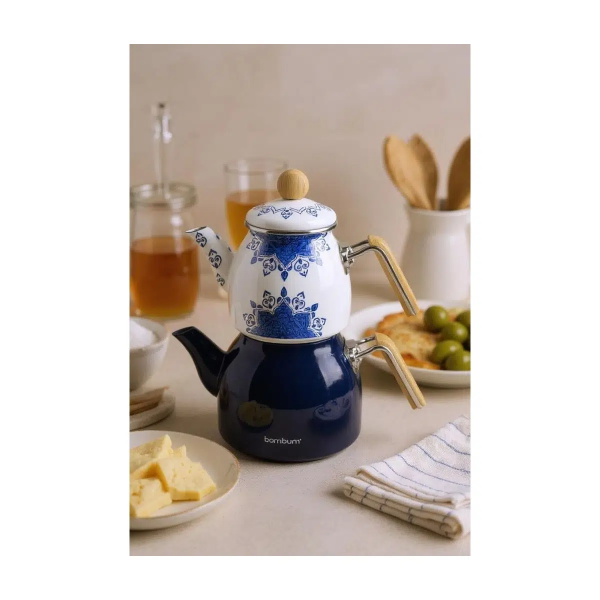 Unique - Bambu Kulplu Çaydanlık Takımı Lacivert