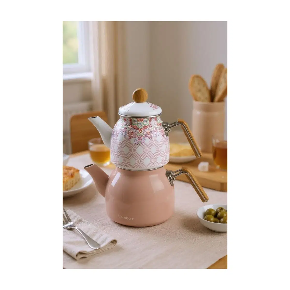 Unique - Bambu Kulplu Çaydanlık Takımı Pembe