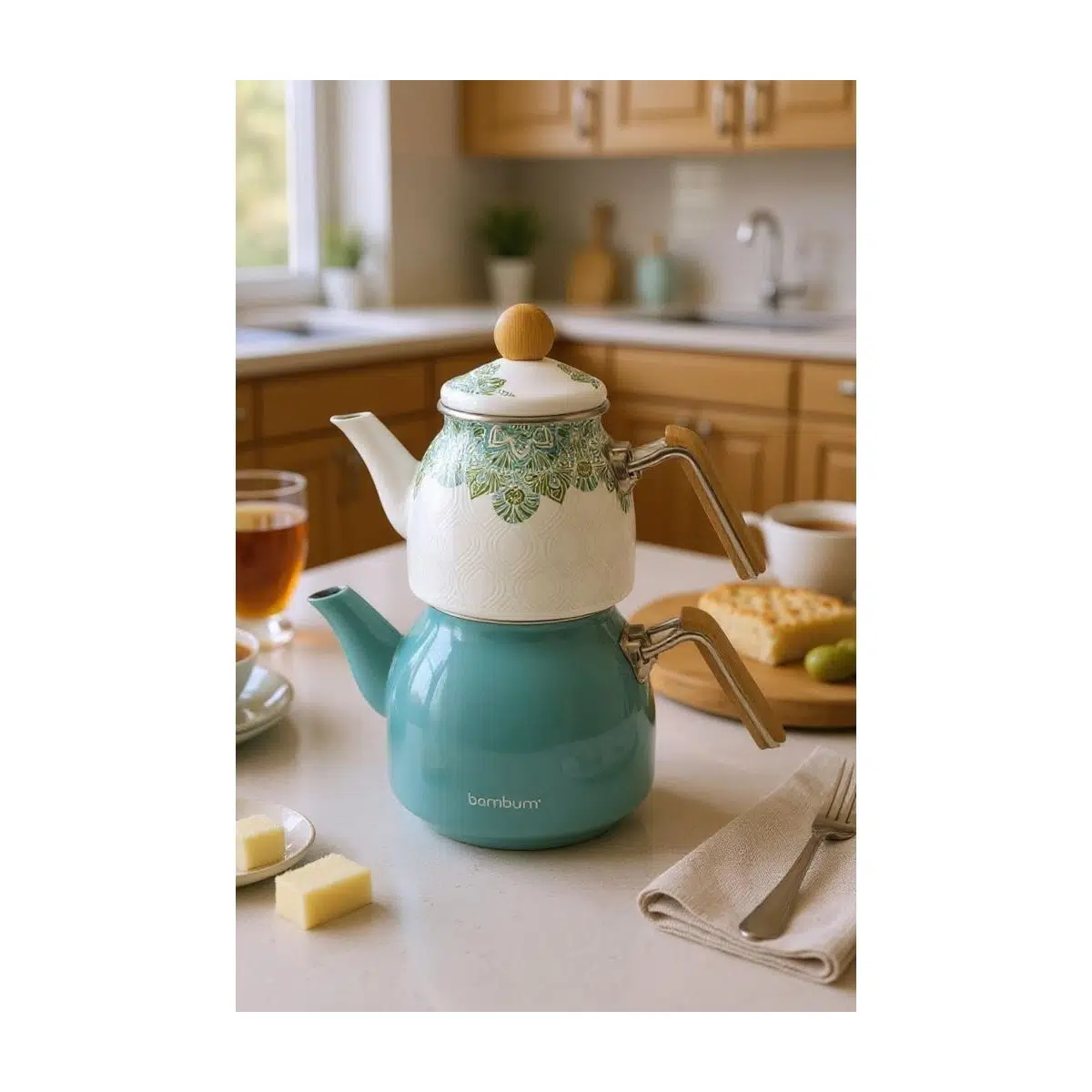 Unique - Bambu Kulplu Çaydanlık Takımı Turkuaz